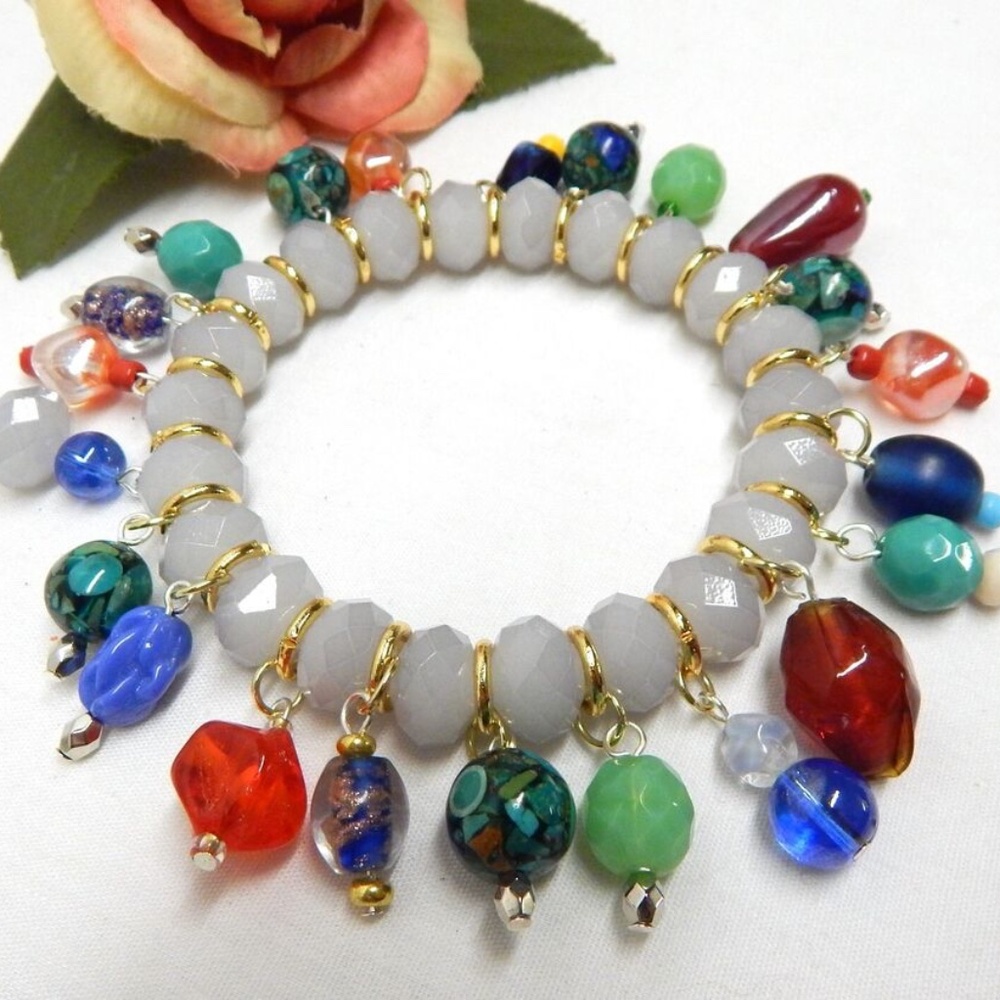 White Crystal Beaded Art Glass Charms Stretch Bracelet Loaded